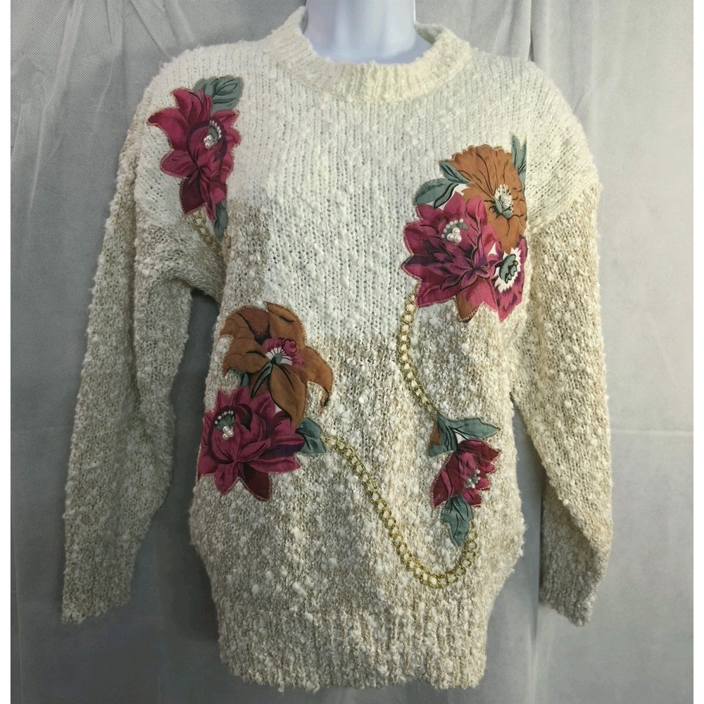 Vintage Sweater Grandma Cottagecore Floral Aplique Pearls Gold Chain 90s Medium